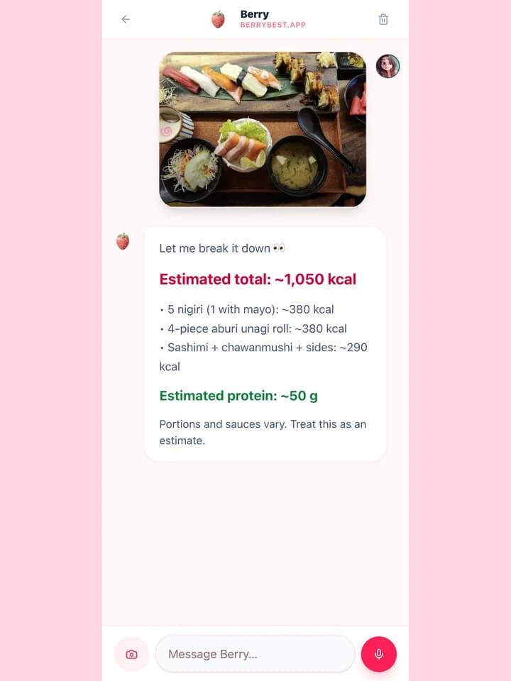 Berry chat estimate for the Shin Zushi set — estimated total around 1,050 kcal, the item breakdown, and around 50 g protein