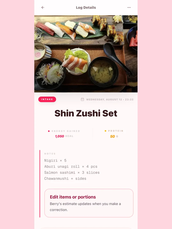 Berry Log Details screen for the Shin Zushi Set — around 1,050 kcal, around 50 g protein, and editable identified rows